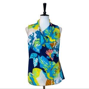 Cabi Blossom Women's #741 Blue Teal Floral Sleeveless Faux Wrap Top Size XS